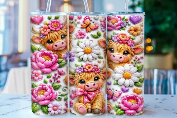 Download Inflated Floral Highland Cow Tumbler PNG - Tumbler png Collection