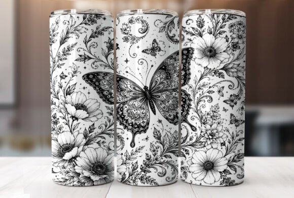 Download Black White Butterfly Floral Tumbler PNG - Tumbler png Collection